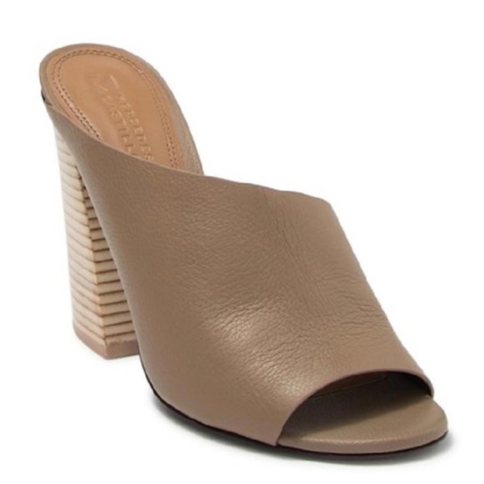 Mercedes Castillo Taupe Leather Open-Toe Block Heel Mule